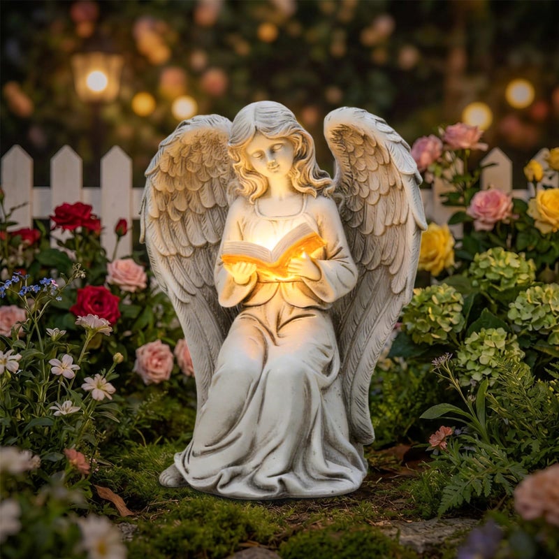 Ovewios Angel Statue Outdoor Decor Elegant Angel Garden Statues Reading Book with Solar LED Lights Yard Decorations Lawn Ornaments Figurines Resin Sculpture for Outside Angel Gardening Gifts - Image 2