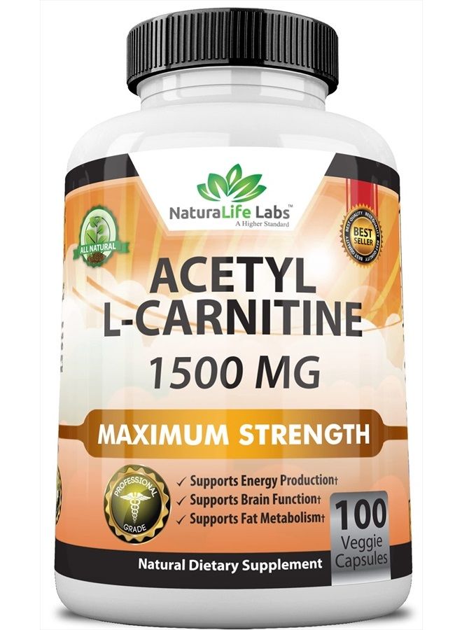 NaturaLife Labs Acetyl L-Carnitine 1,500 mg High Potency Supports Natural Energy Production, Sports Nutrition, Supports Memory/Focus - 100 Veggie Capsules - Image 1