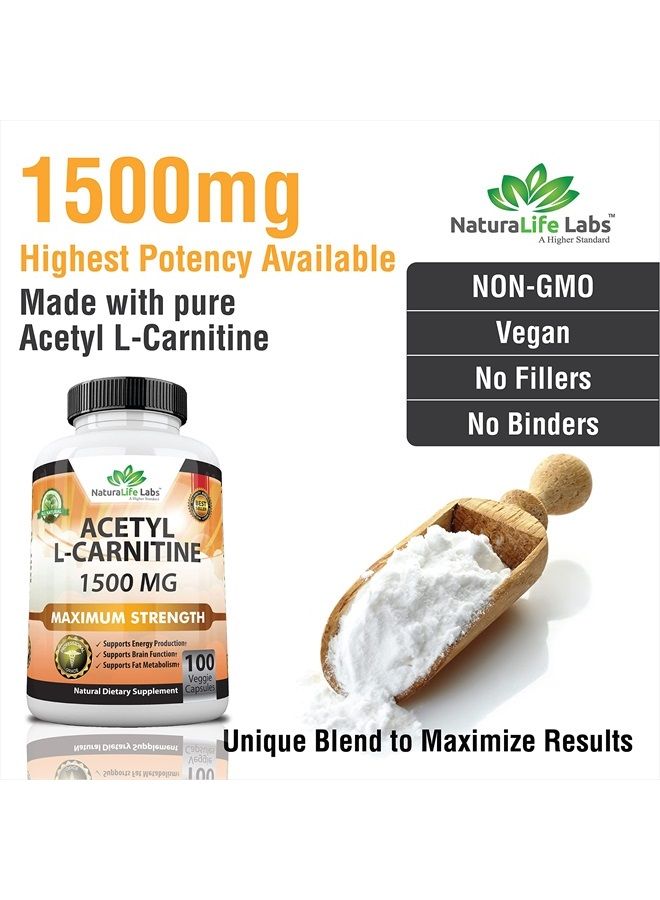 NaturaLife Labs Acetyl L-Carnitine 1,500 mg High Potency Supports Natural Energy Production, Sports Nutrition, Supports Memory/Focus - 100 Veggie Capsules - Image 3