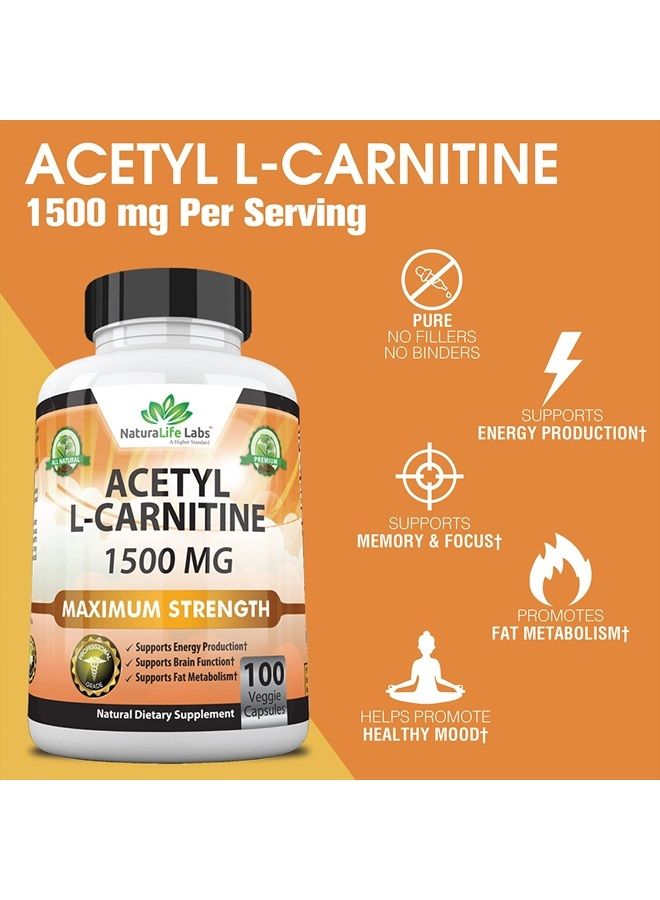 NaturaLife Labs Acetyl L-Carnitine 1,500 mg High Potency Supports Natural Energy Production, Sports Nutrition, Supports Memory/Focus - 100 Veggie Capsules - Image 2