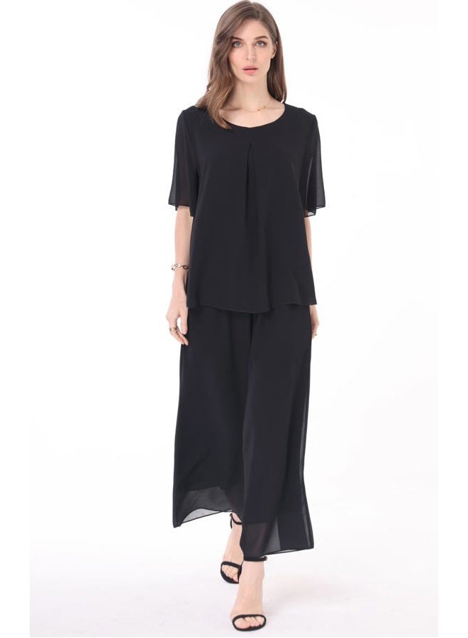 heipeiwa Women's 2 Piece Chiffon Sets Outfits Flowy Summer Casual Dressy Pantsuits Loose Double Layers Blouse Pants Sets, Black, XXL - Image 5