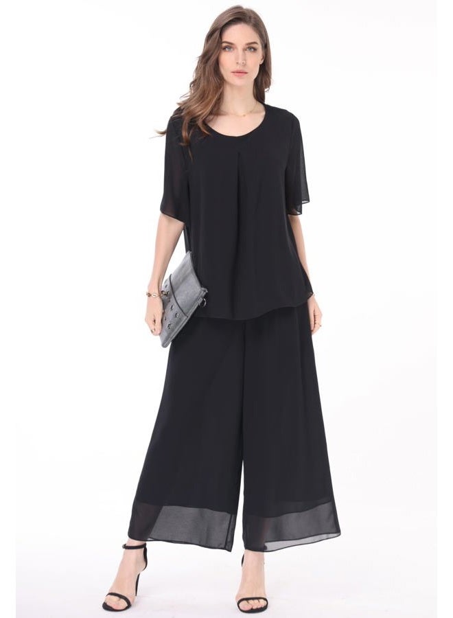 heipeiwa Women's 2 Piece Chiffon Sets Outfits Flowy Summer Casual Dressy Pantsuits Loose Double Layers Blouse Pants Sets, Black, XXL - Image 3