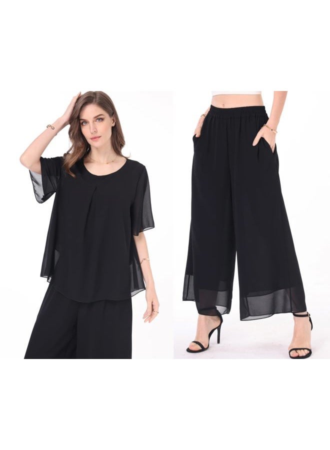 heipeiwa Women's 2 Piece Chiffon Sets Outfits Flowy Summer Casual Dressy Pantsuits Loose Double Layers Blouse Pants Sets, Black, XXL - Image 2