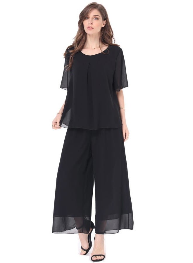 heipeiwa Women's 2 Piece Chiffon Sets Outfits Flowy Summer Casual Dressy Pantsuits Loose Double Layers Blouse Pants Sets, Black, XXL - Image 1