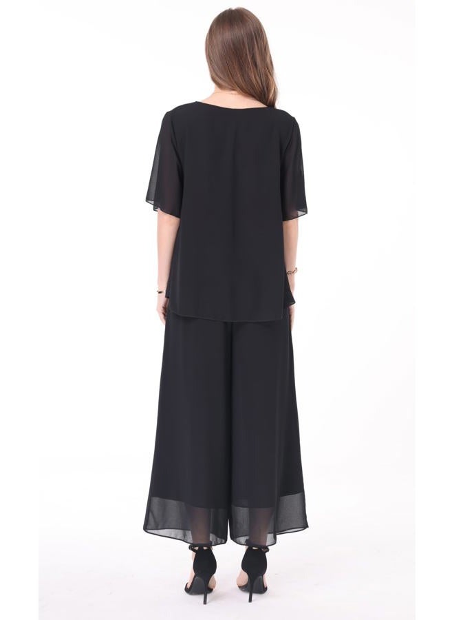 heipeiwa Women's 2 Piece Chiffon Sets Outfits Flowy Summer Casual Dressy Pantsuits Loose Double Layers Blouse Pants Sets, Black, XXL - Image 4