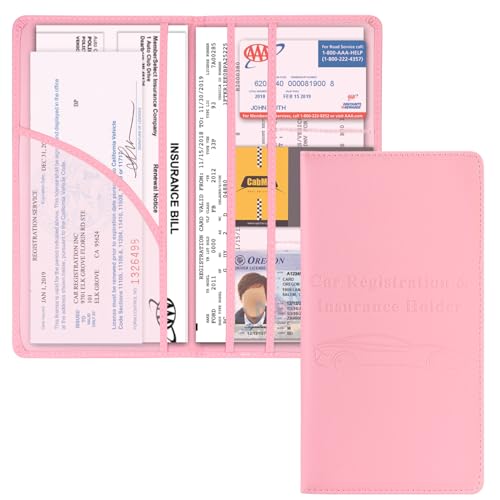 Cacturism Car Registration and Insurance Holder Car Accessories Vehicle Glove Box Car Organizer Women Car Accessories with Magnetic Shut for Cards Essential Document Driver License Pink - Image 1
