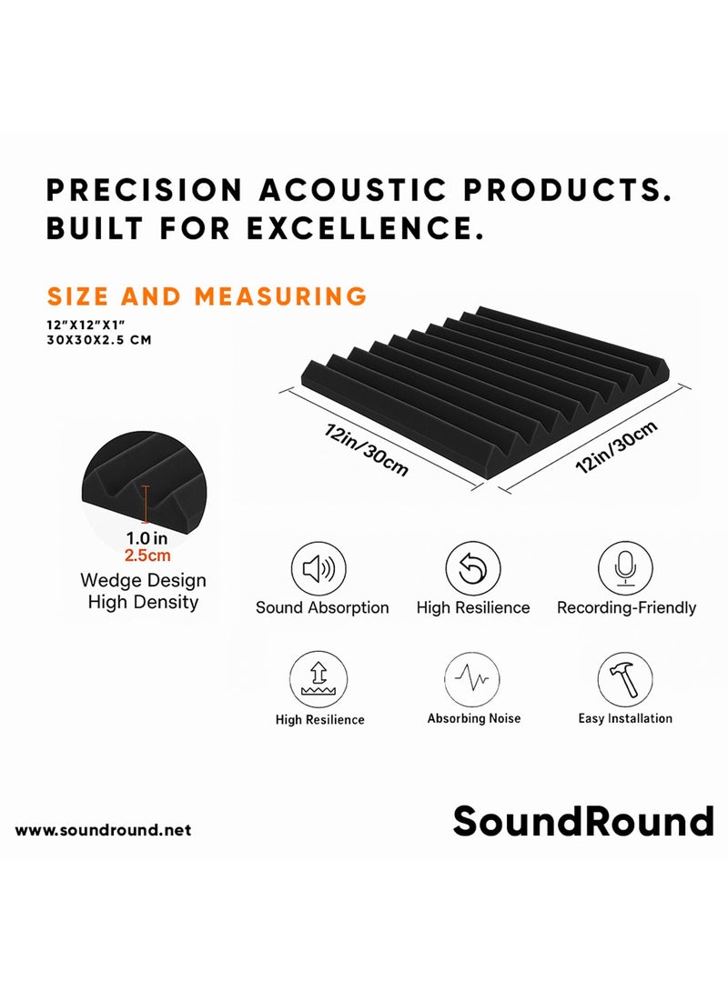 SoundRound Acoustic Foam Panels 12x12x1 Inch – Studio Soundproofing wedges  – Echo Control & Home Theater Treatment – High Density Panels - 12 panel - dark gray - Image 2
