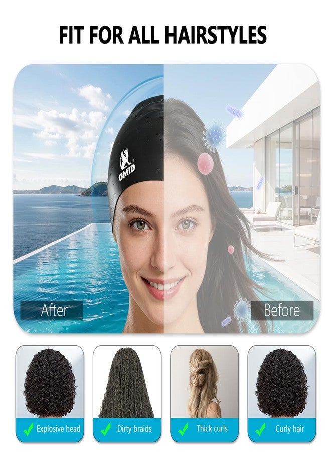 OMID Silicone Swim Cap for Adults Men & Women, Waterproof Leak-Proof Bathing Cap for Pool & Beach, Chlorine Resistant Durable Swim Hat for Daily Training (Black) - Image 2