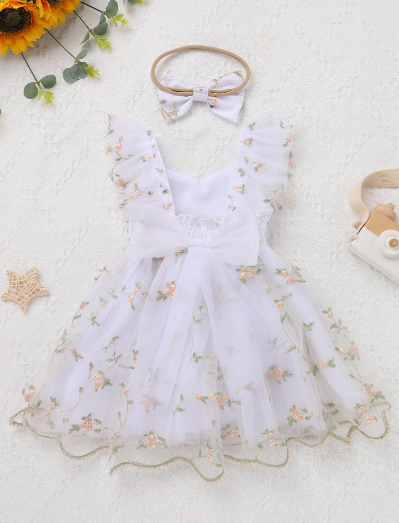 ODOLDI Kids Girls Birthday Party Dress Cake Crush Mesh Embroidered Floral Ruffle Tulle Tutu Romper Dress White 6-9 Months - Image 2