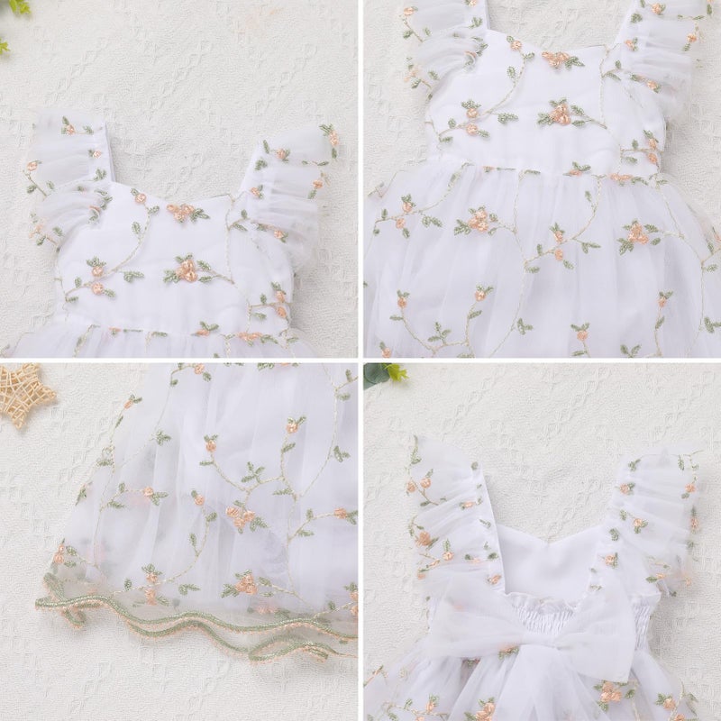 ODOLDI Kids Girls Birthday Party Dress Cake Crush Mesh Embroidered Floral Ruffle Tulle Tutu Romper Dress White 6-9 Months - Image 5
