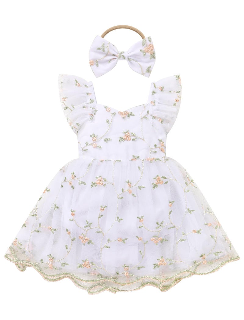 ODOLDI Kids Girls Birthday Party Dress Cake Crush Mesh Embroidered Floral Ruffle Tulle Tutu Romper Dress White 6-9 Months - Image 1