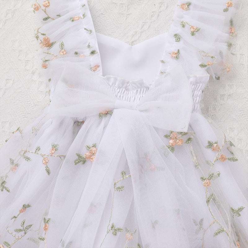 ODOLDI Kids Girls Birthday Party Dress Cake Crush Mesh Embroidered Floral Ruffle Tulle Tutu Romper Dress White 6-9 Months - Image 4