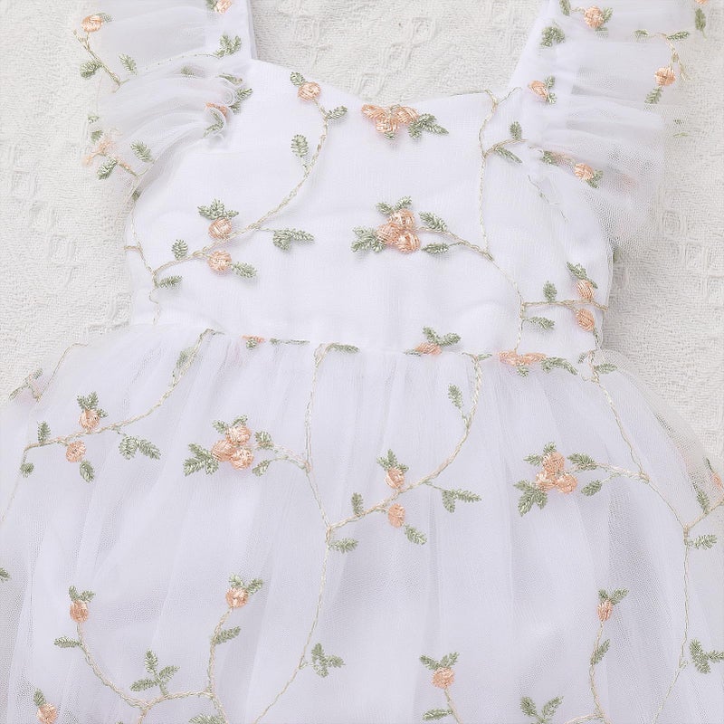 ODOLDI Kids Girls Birthday Party Dress Cake Crush Mesh Embroidered Floral Ruffle Tulle Tutu Romper Dress White 6-9 Months - Image 3