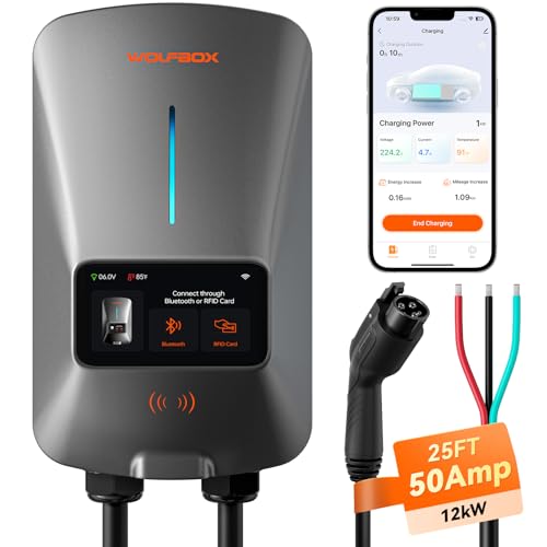 WOLFBOX Level 2 EV Charger 50amp - Hardwired EVSE with J1772 Connector - CSA Certified Home EV Charger Level 2-25FT Cable,Outdoor/Indoor,RFID Card,WiFi Enabled, Electric Vehicle Charging Station - Image 1