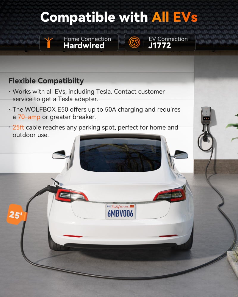 WOLFBOX Level 2 EV Charger 50amp - Hardwired EVSE with J1772 Connector - CSA Certified Home EV Charger Level 2-25FT Cable,Outdoor/Indoor,RFID Card,WiFi Enabled, Electric Vehicle Charging Station - Image 4