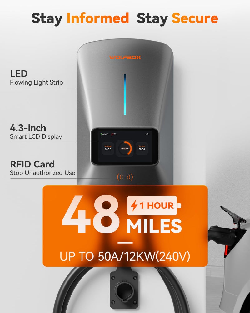 WOLFBOX Level 2 EV Charger 50amp - Hardwired EVSE with J1772 Connector - CSA Certified Home EV Charger Level 2-25FT Cable,Outdoor/Indoor,RFID Card,WiFi Enabled, Electric Vehicle Charging Station - Image 2
