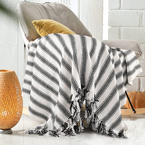 SASHAA WORLD Striped Throw Medium with Tasselled Edges |Throw for Living Room, Bedroom, Sofa & Chair |Black & White Throw Blanket | 180 x130 cm - Image 1
