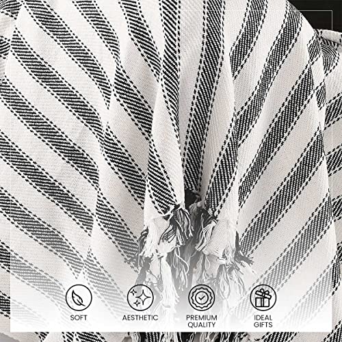 SASHAA WORLD Striped Throw Medium with Tasselled Edges |Throw for Living Room, Bedroom, Sofa & Chair |Black & White Throw Blanket | 180 x130 cm - Image 4