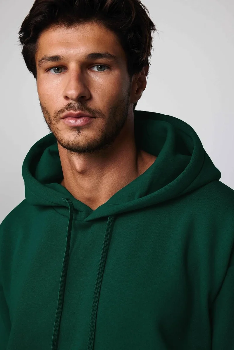تودورس Oversize Wide Cut Cotton Soft Textured Polar Fleece Basic Green Hooded Sweatshirt