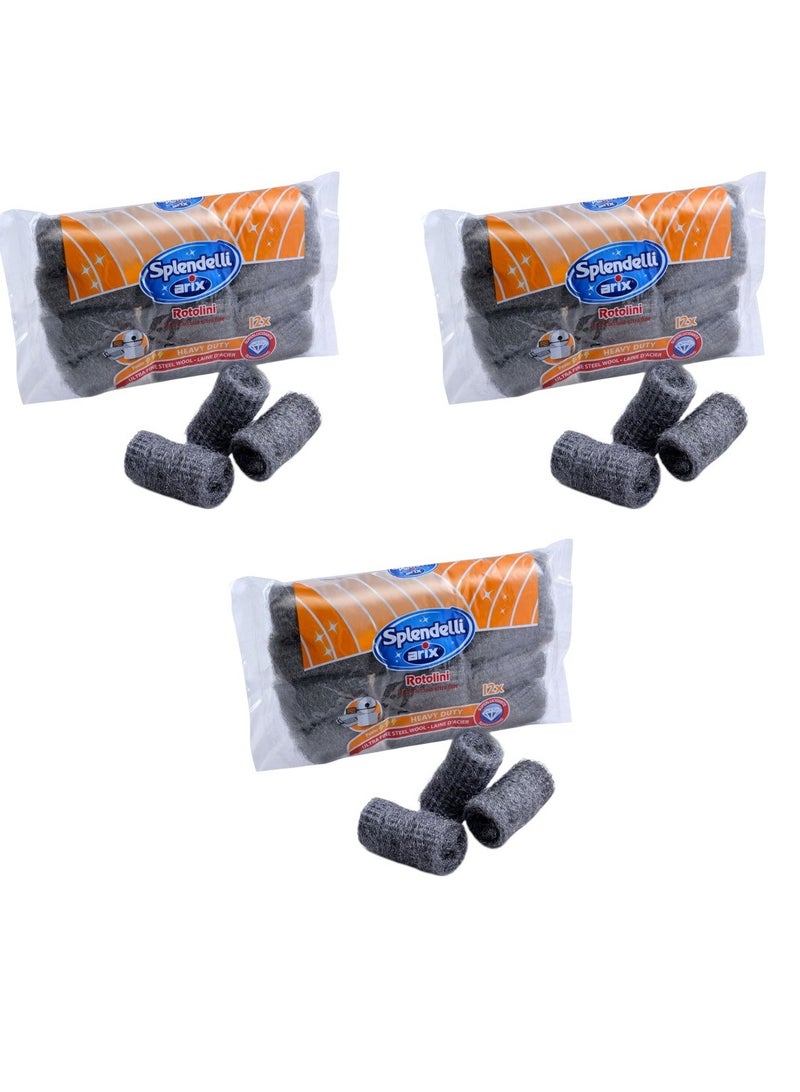 Arix-Splendelli Ultrafine Steel Wool Rolls – Pack of 3 x 12PCS (Total 36 Rolls) | Multi-Purpose Cleaning & DIY Polishing Solution