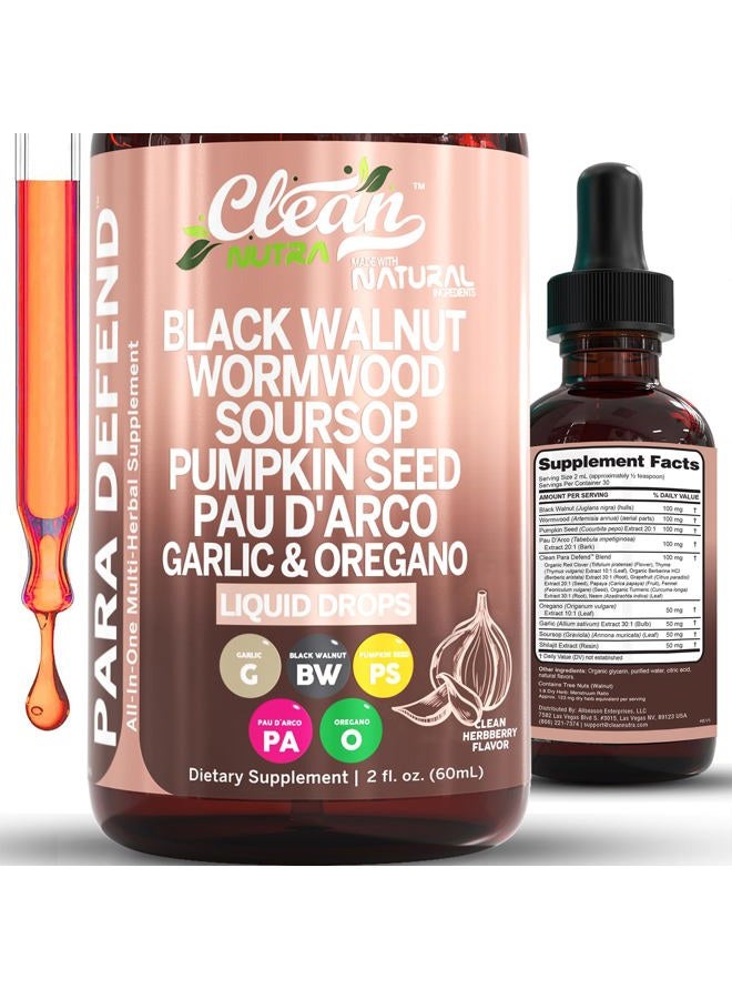 Clean Nutraceuticals para Defend Wormwood Black Walnut Cleanse for Humans Drops Liquid Soursop Garlic Pumpkin Seed PAU D'Arco Oil of Oregano Turmeric Berberine Neem Extract Hull Bark Tincture by Clean Nutra - Image 1