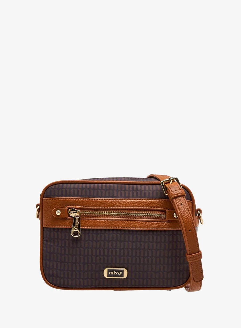 Women Monogram Print Crossbody Bag with Detachable Strap and Zip Closure