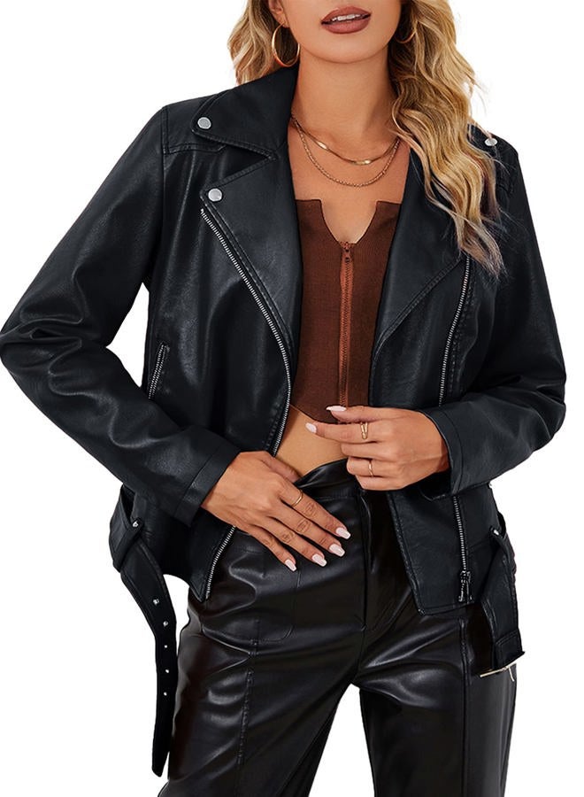 Bellivera Women's Vintage Faux Leather Moto Jacket with Distressed Finish, Quilted Detailing,Washed Look, Black With Belt, L - Image 1