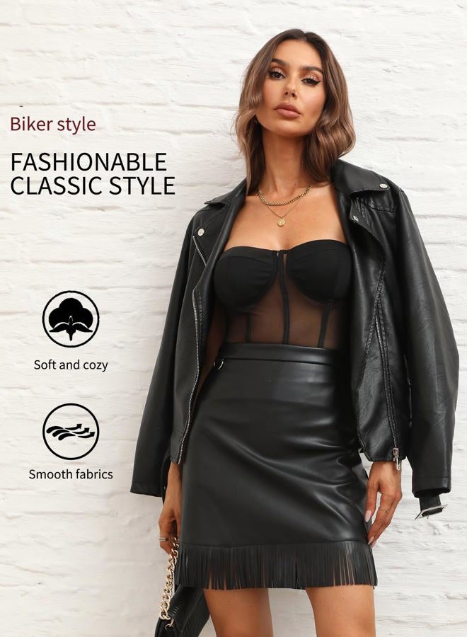 Bellivera Women's Vintage Faux Leather Moto Jacket with Distressed Finish, Quilted Detailing,Washed Look, Black With Belt, L - Image 2