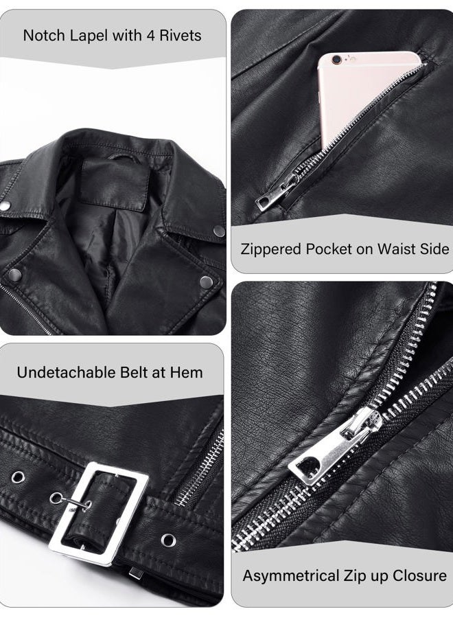 Bellivera Women's Vintage Faux Leather Moto Jacket with Distressed Finish, Quilted Detailing,Washed Look, Black With Belt, L - Image 5