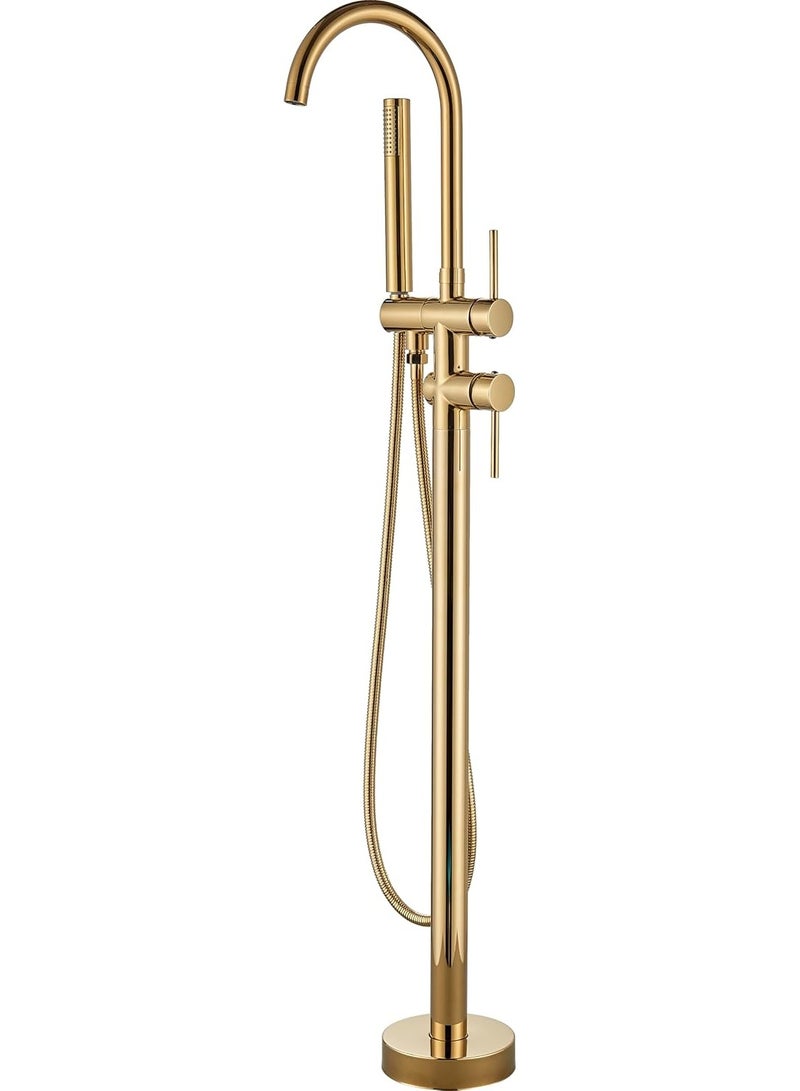 YD Luxury Gold Floor Standing Bathtub Faucet with Handheld Shower | Brass Freestanding Bath Mixer Tap, Modern Waterfall Tub Filler for Bathroom Spa Experience - Image 1
