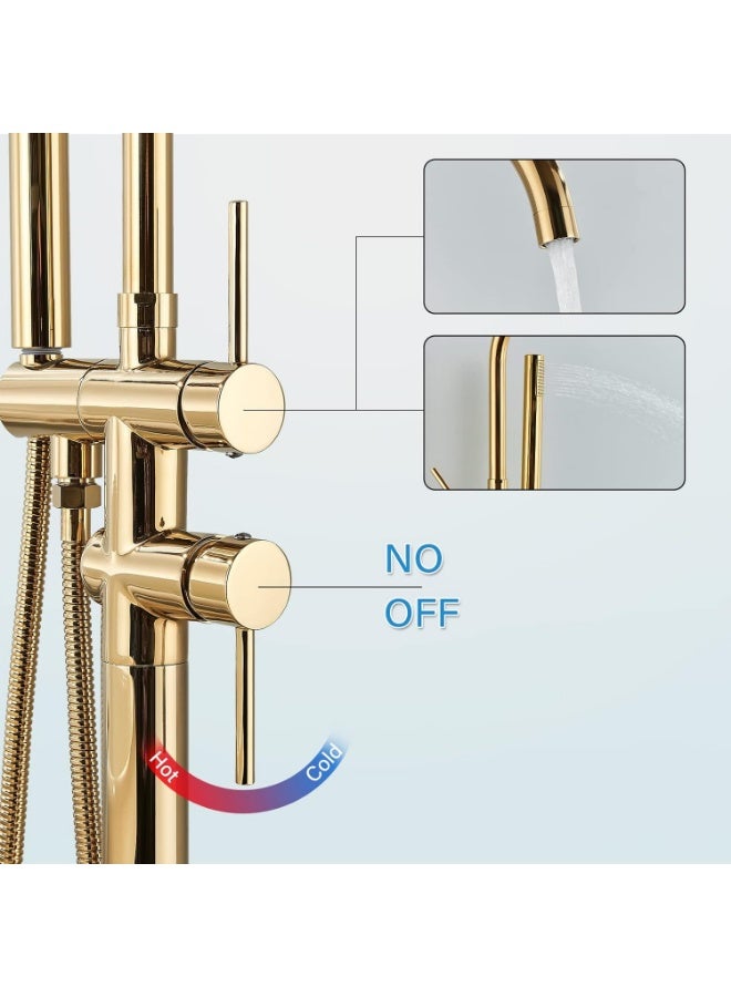 YD Luxury Gold Floor Standing Bathtub Faucet with Handheld Shower | Brass Freestanding Bath Mixer Tap, Modern Waterfall Tub Filler for Bathroom Spa Experience - Image 2