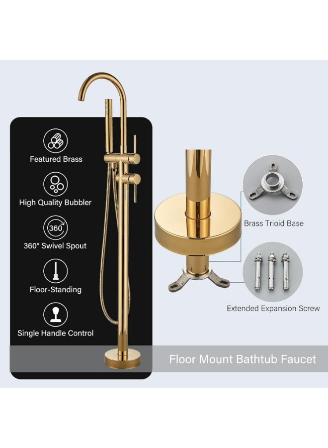 YD Luxury Gold Floor Standing Bathtub Faucet with Handheld Shower | Brass Freestanding Bath Mixer Tap, Modern Waterfall Tub Filler for Bathroom Spa Experience - Image 3
