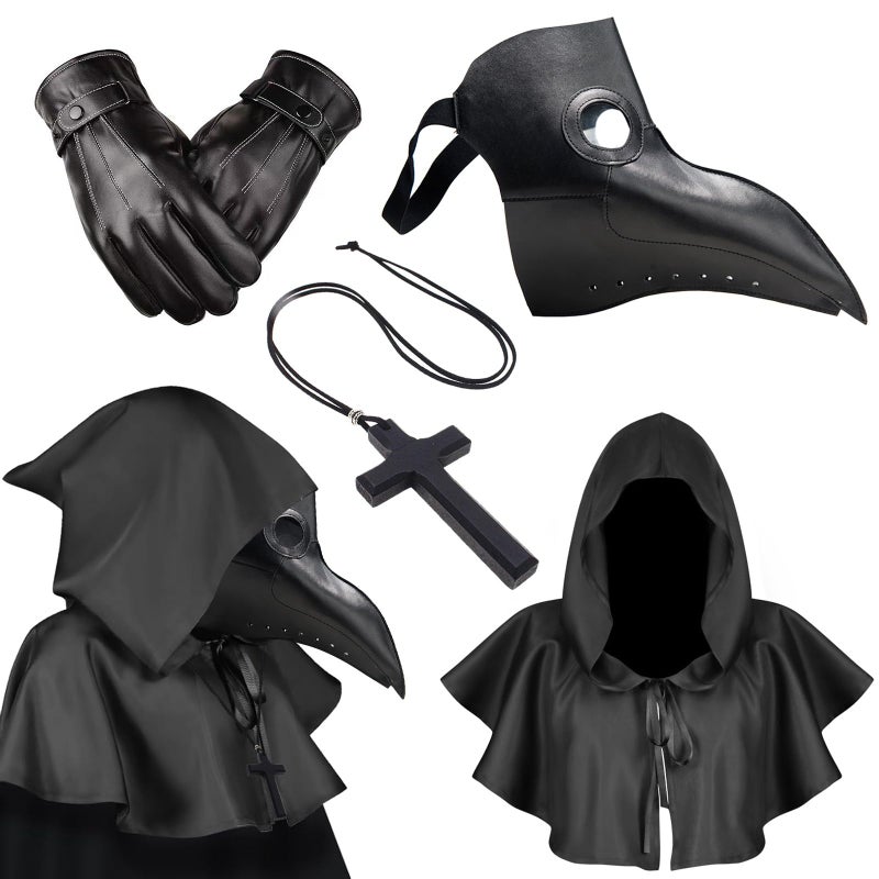 Hifot Hifot Plague Doctor Costume, Black Plague Mask, Plague, Cloak, Leather, Gloves, Necklace, Cross, Wood, Steampunk Mask, Scream, Cosplay Mask, Raven, Plague Doctor Costume, Halloween Costume Accessory  - Image 1