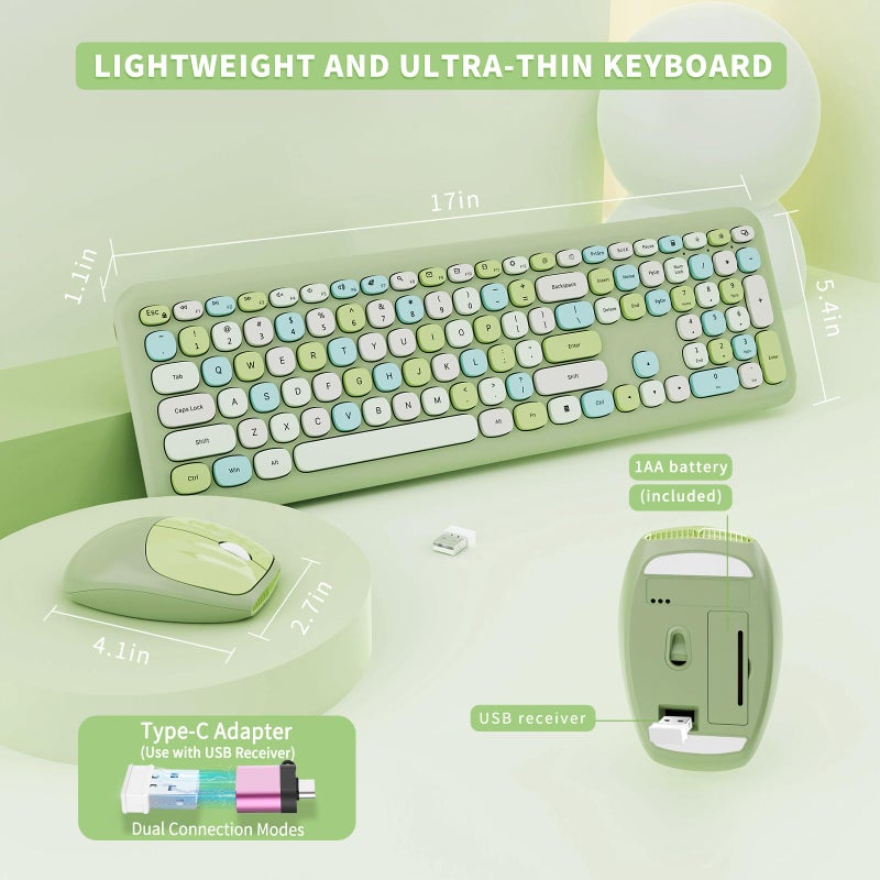 SkyGive Wireless Keyboard and Mouse Combo, Colorful Ergonomic Full Size Retro Low-Noise Keyboard with Cute keycaps, Compatible with Windows, PC, Perfer for Home and Office Keyboards (Green) - Image 4