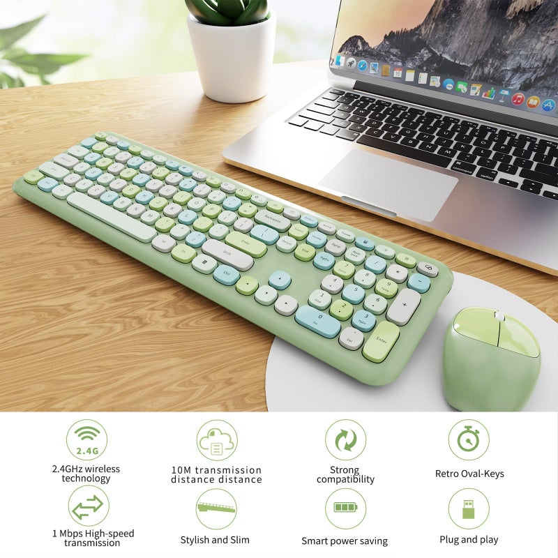 SkyGive Wireless Keyboard and Mouse Combo, Colorful Ergonomic Full Size Retro Low-Noise Keyboard with Cute keycaps, Compatible with Windows, PC, Perfer for Home and Office Keyboards (Green) - Image 2