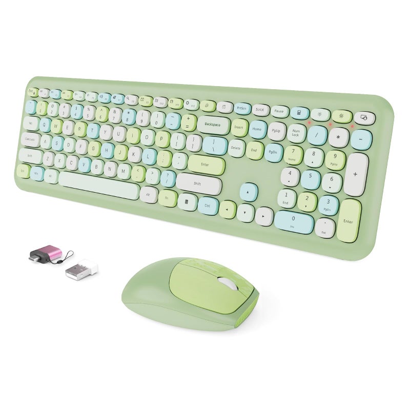 SkyGive Wireless Keyboard and Mouse Combo, Colorful Ergonomic Full Size Retro Low-Noise Keyboard with Cute keycaps, Compatible with Windows, PC, Perfer for Home and Office Keyboards (Green) - Image 1