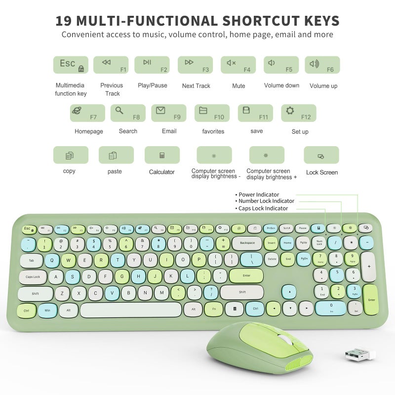 SkyGive Wireless Keyboard and Mouse Combo, Colorful Ergonomic Full Size Retro Low-Noise Keyboard with Cute keycaps, Compatible with Windows, PC, Perfer for Home and Office Keyboards (Green) - Image 3