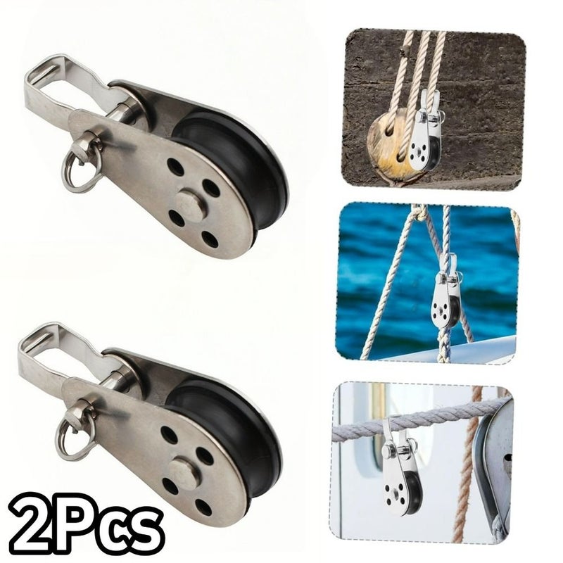 2 Pcs Stainless Steel Nylon Kayak Pulley Block For Sailboat Yacht Silvery - Image 1