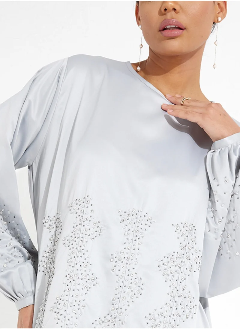 Rosette Abaya Silver Dress Stones