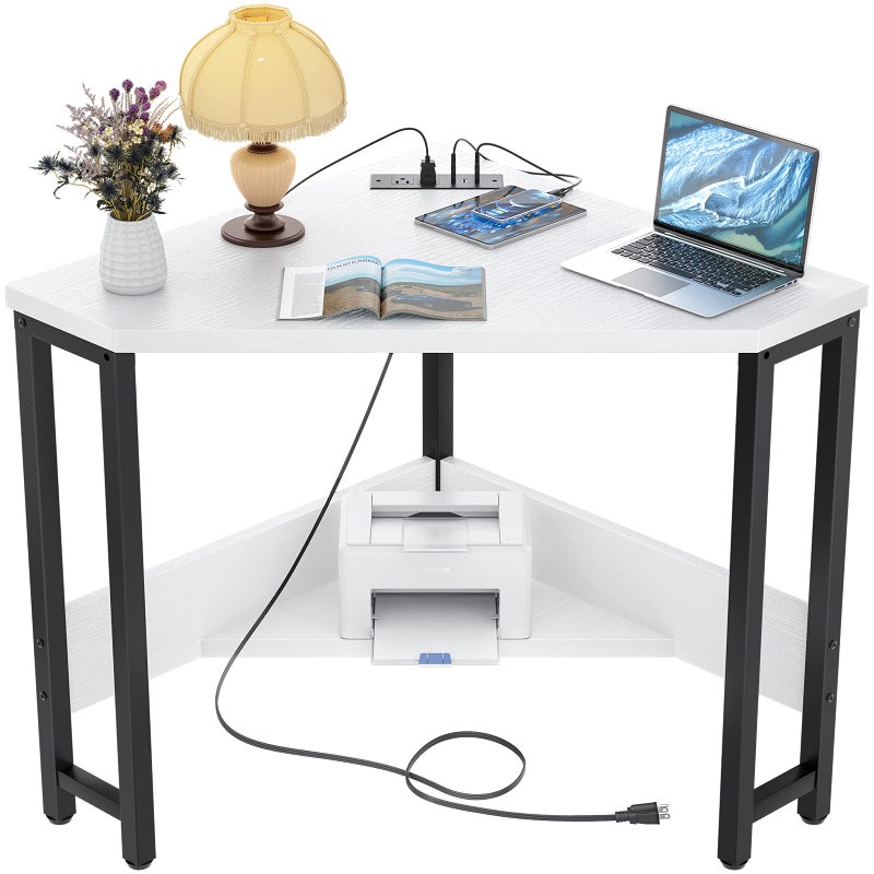 Armocity Corner Desk Small Desk with Outlets Corner Table for Small Space, Computer Desk with USB Ports Triangle Desk with Storage for Home Office, Workstation, Living Room, Bedroom, White - Image 1