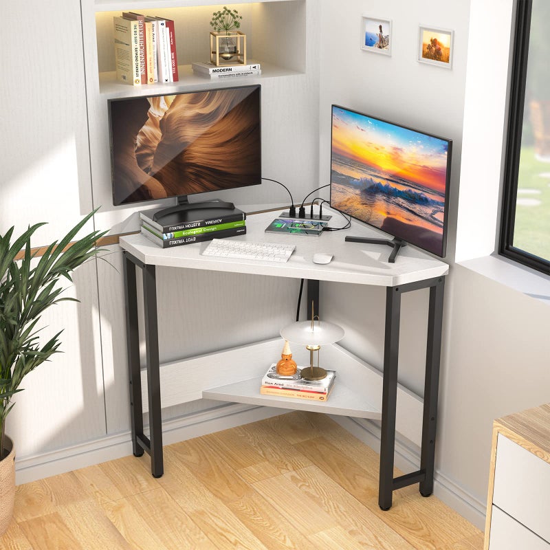 Armocity Corner Desk Small Desk with Outlets Corner Table for Small Space, Computer Desk with USB Ports Triangle Desk with Storage for Home Office, Workstation, Living Room, Bedroom, White - Image 5