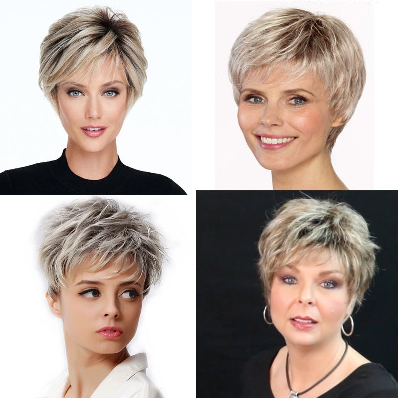European and American fashion ladies short hair European and American wig headgear Yiwu manufacturers wig fluffy highlights gradient female wigs(-8) - Image 1