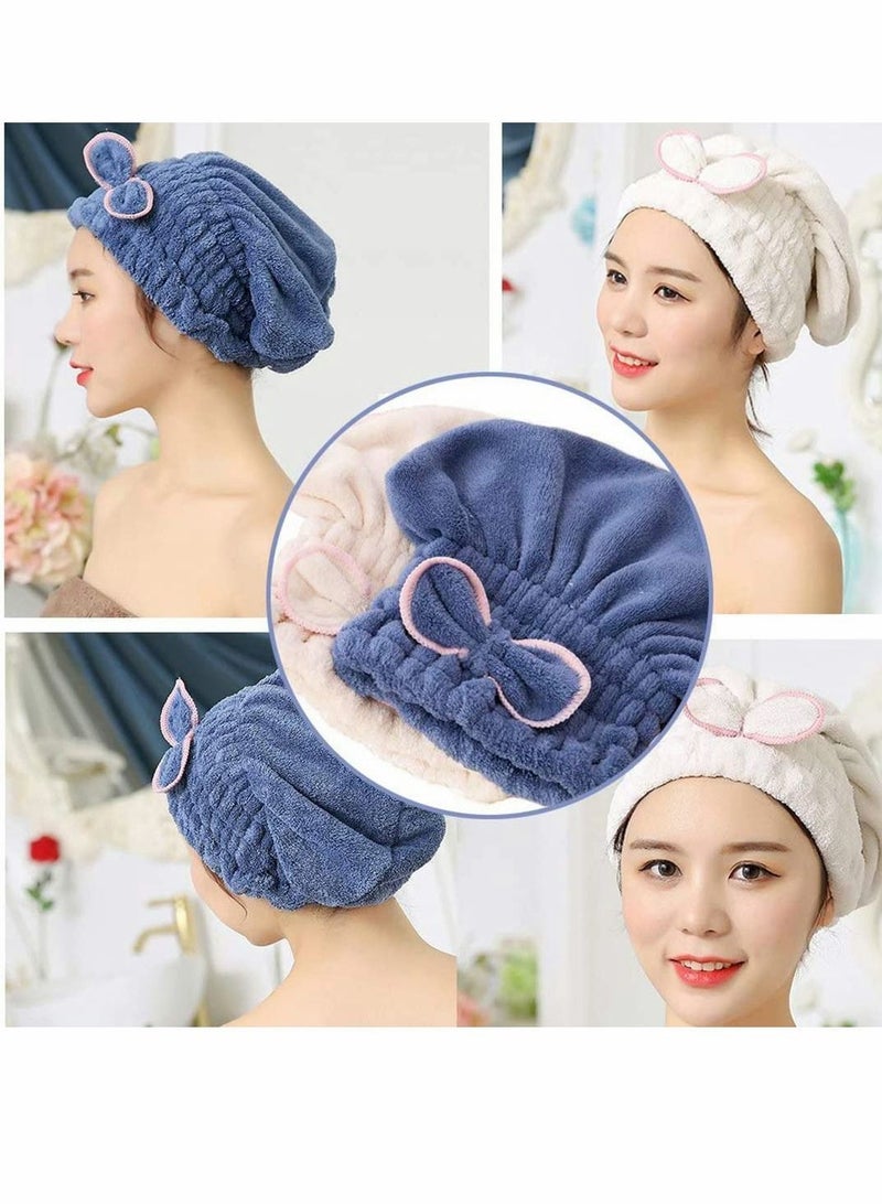 Y&D 2PC Microfiber Hair Drying Caps, Extrame Soft & Ultra Absorbent, Fast Turban Wrap Towels Shower Cap for Girls and Women (Blue+Beige) - Image 2