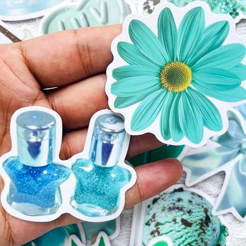 YOKSAS 50 Pcs Teal Y2K Aesthetic Stickers for Scrapbooking, Journaling, Laptop – Cute Mint Green and Pastel Blue Vinyl Sticker Pack for Teens, Girls, Water Bottles, Notebooks, Art Crafts and Gifts - Image 2