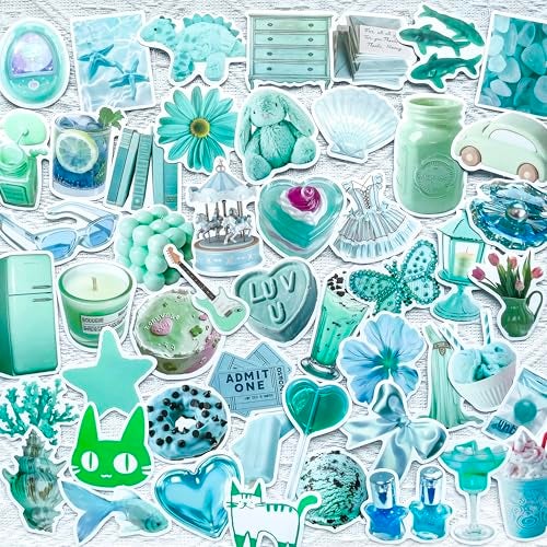 YOKSAS 50 Pcs Teal Y2K Aesthetic Stickers for Scrapbooking, Journaling, Laptop – Cute Mint Green and Pastel Blue Vinyl Sticker Pack for Teens, Girls, Water Bottles, Notebooks, Art Crafts and Gifts - Image 1