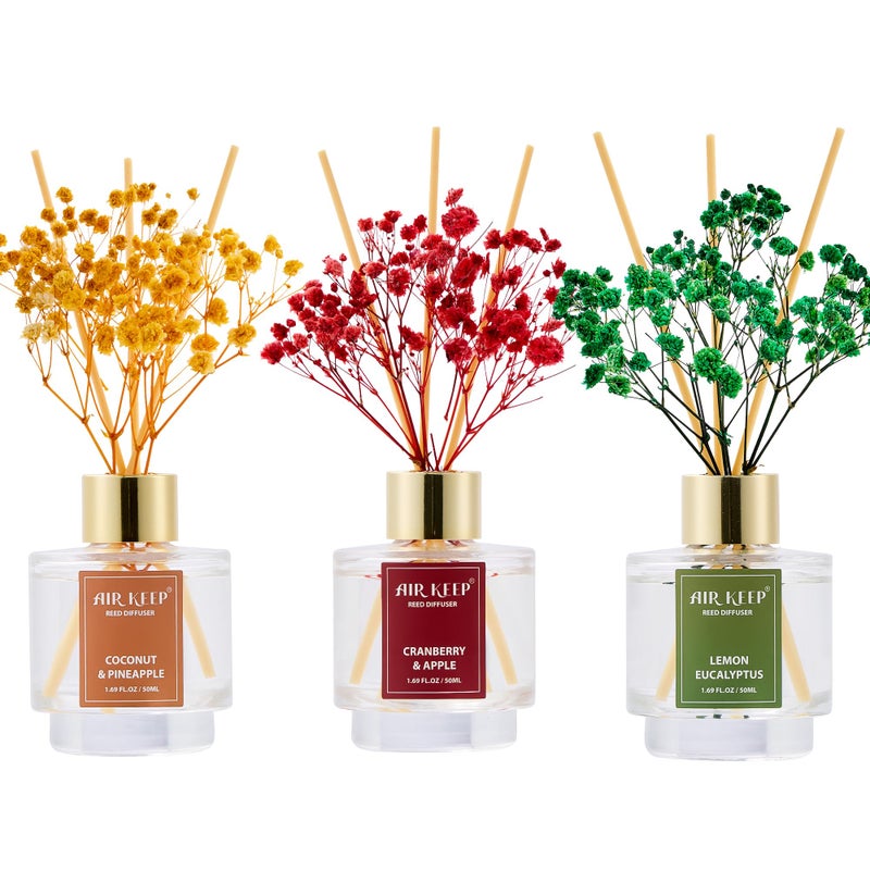 Airkeep Reed Diffuser Set of 3, Coconut Pineapple Lemon Eucalyptus Cranberry Apple Oil Reed Diffusers for Bedroom Living Room Office Aromatherapy Oil Reed Diffuser for Gift 50ml x 3 - Image 1