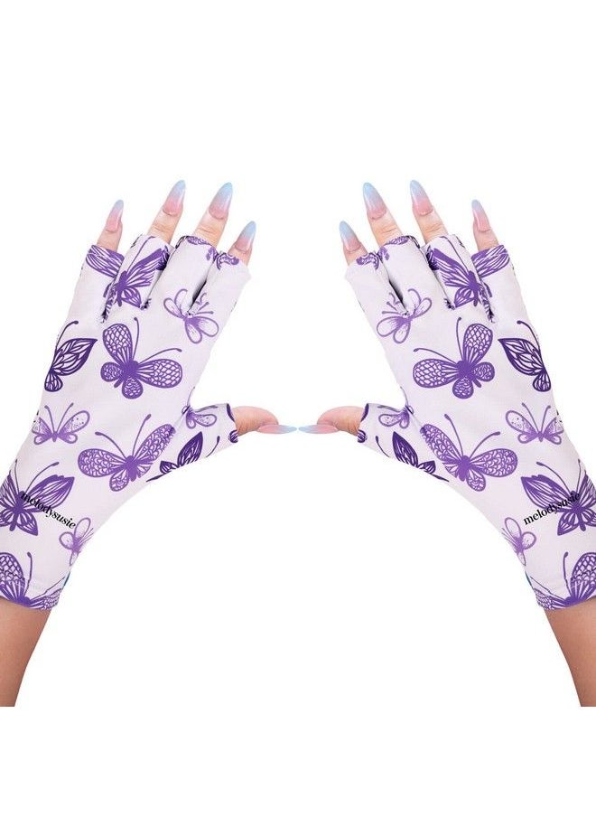 MelodySusie Anti Uv Gloves For Gel Nail Lamp Professional Protection Gloves For Manicures Purple Butterfly Uv Shield Gloves Nail Art Skin Care Fingerless Glove Protect Hands Home Outdoor Use  - Image 2