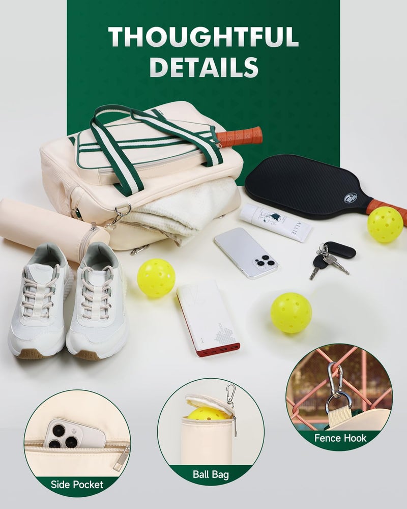 Movker Pickleball Bag for Women 2-in-1 Tote & Crossbody with Fence Hook Holds 2 Paddles & Detachable Ball Bag Court to Street(Beige) - Image 2