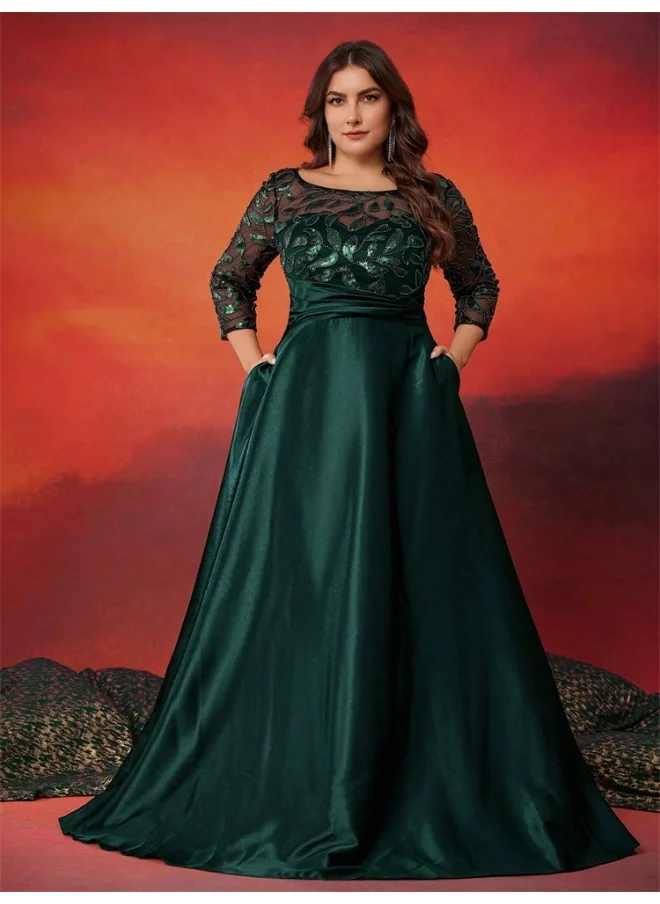 Madam Uniq Dark Green Women's Plus Size Round Neck Long Sleeve Sequin Embroidered Color Block Evening Dress