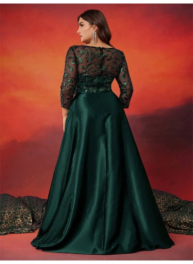 Madam Uniq Dark Green Women's Plus Size Round Neck Long Sleeve Sequin Embroidered Color Block Evening Dress